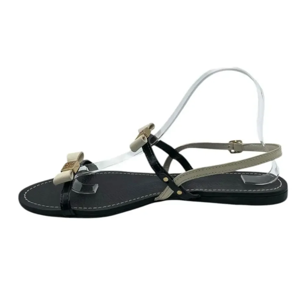 Tory Burch Kailey Bow Strappy Sandal Leather Black Cream Logo 10‎